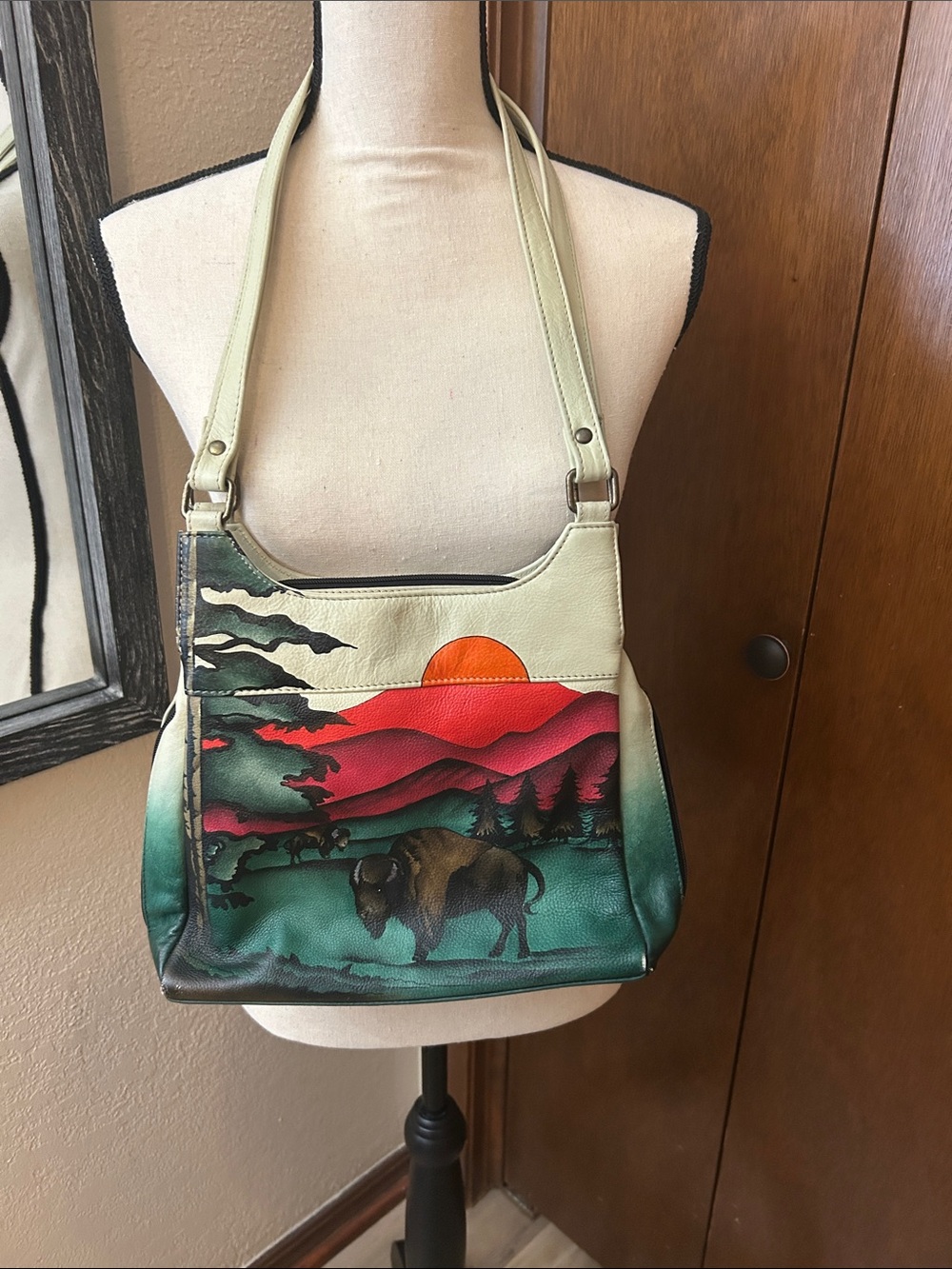 Anuschka Hand-Painted Buffalo Shoulder Bag in Cream, Green, Red, Orange
